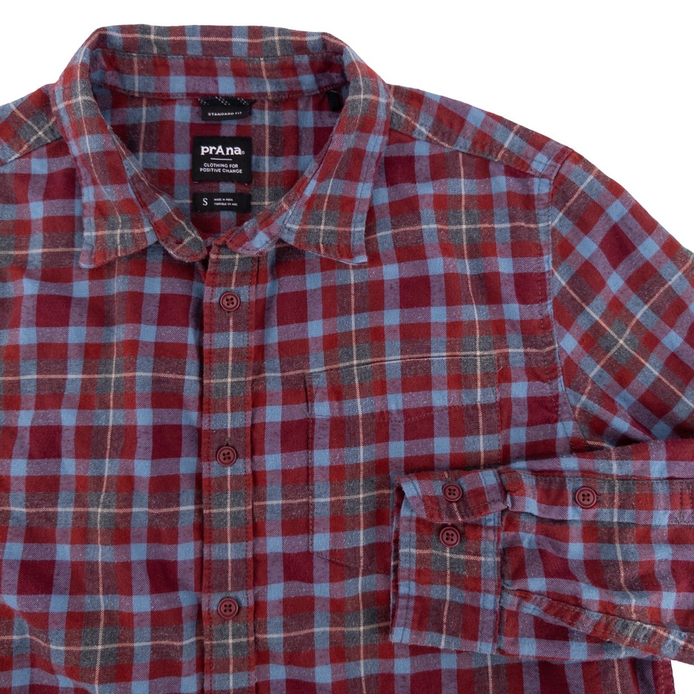 prAna Mens Small Los Feliz Flannel Shirt Red Blue Plaid Gorpcore Winter Soft